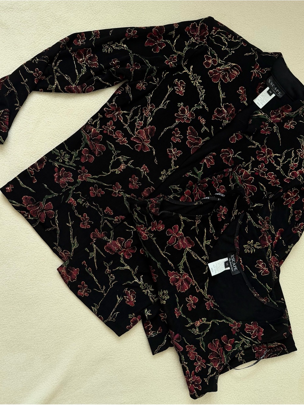 Xscape black gold floral metallic twin set two piece jacket tank top size m
